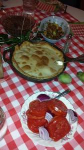Squirrel pot pie, tomatoes, onions, fried okra and squash, ham and beans